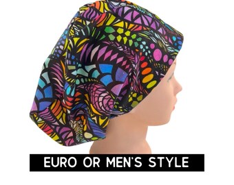 Bright multicolor geometric print scrub cap | women’s euro scrub hat with adjustable toggle or men’s style | satin lined option