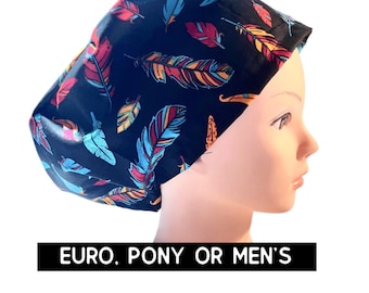Scrub Hat- feather print scrub hat with bright feathers | scrub cap | euro with adjustable toggle, euro-pony with ties, or men’s | nurse hat
