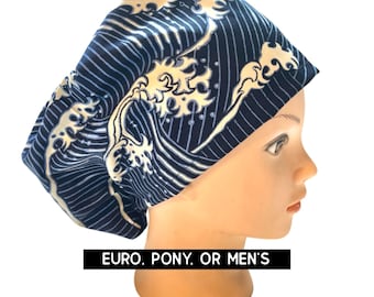 Beach waves Scrub cap | satin lined option | summer print scrub cap | euro style with adjustable toggle, euro with pony ties, men’s