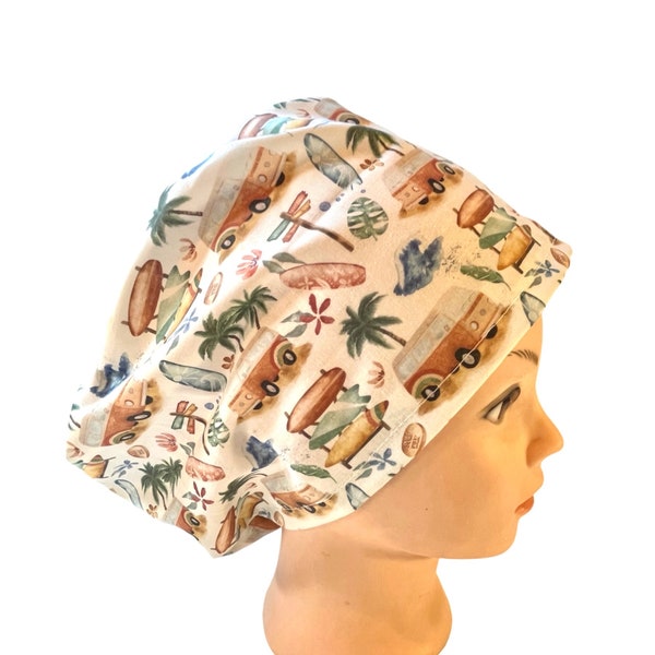 Beachy surfing print Scrub cap | satin lined option | summer scrub cap | women’s euro style with adjustable toggle | van beach palm tree