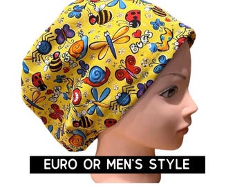 Bright bug print scrub cap | scrub hat | euro style with adjustable toggle or men’s style  | satin lined option | animals