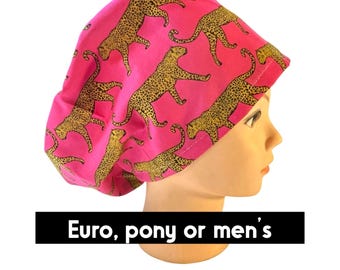Pink cheetah scrub cap | satin lined option |euro style with adjustable toggle, euro- pony with ties, or men’s | leopard scrub hat
