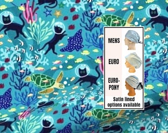 Cats underwater  Scrub Cap: Animal scrub hat. Satin lined option. Euro with toggle, pony with ties or men’s styles