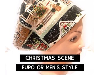 Christmas time Scrub hat | holiday scrub cap | euro style with adjustable toggle or men’s | satin lined option | winter theme
