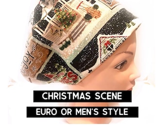 Christmas time Scrub hat | holiday scrub cap | euro style with adjustable toggle or men’s | satin lined option | winter theme