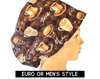 Coffee print Scrub cap | satin lined option | latte print scrub hat | euro style with adjustable toggle or men’s style