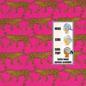 May include: A pink background with a repeating pattern of gold leopard print. The image also features three different styles of satin-lined head coverings in light blue, with the text "MENS", "EURO", and "EURO-PONY" and the text "Satin lined options available".