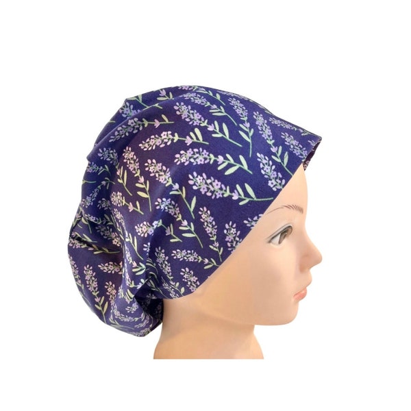lavender scrub cap | satin lined option | purple flower print scrub hat | euro style surgical hat with adjustable toggle | nurse hat