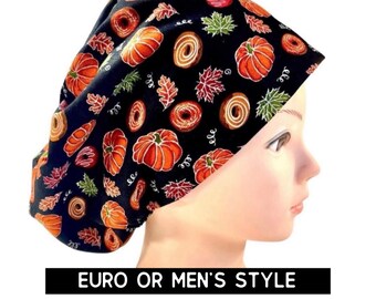 Pumpkin Scrub cap | satin lined option | autumn print scrub hat | women’s euro style with adjustable toggle or men’s style