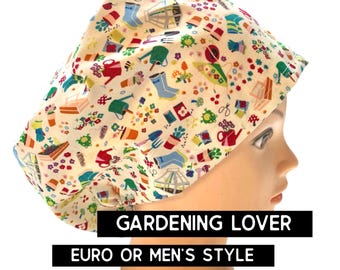 Gardening print Scrub cap | satin lined option | scrub hat | euro with adjustable toggle or men’s style | plants