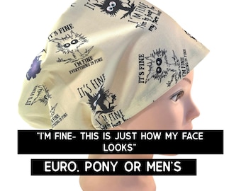 This is how my face looks- cat scrub cap | satin lined  | funny scrub hat | euro style with adjustable toggle, euro-pony with ties, men’s