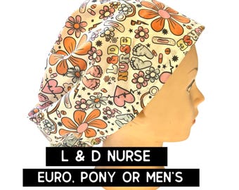 L & D nurse scrub hat| Labor and delivery scrub cap | satin lined option | euro style with adjustable toggle, euro-pony with ties, or men’s