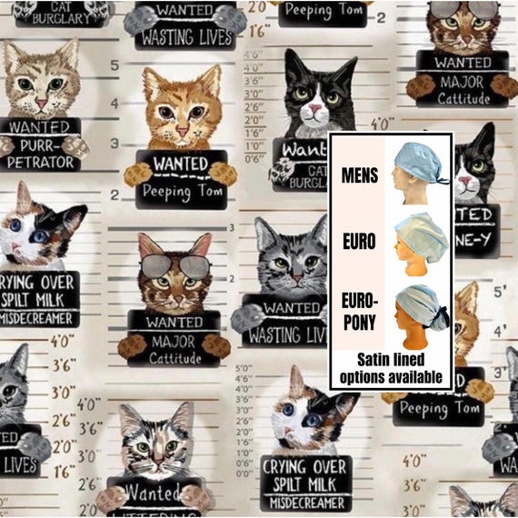 Cat Mug Shot Scrub Cap: Satin Lined option. Euro, euro-pony or men’s