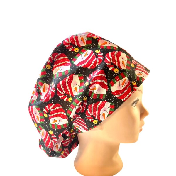 Snowman Scrub Hat | satin lined hat option |holiday scrub cap | Christmas scrub cap | women’s euro style surgical hat with adjustable toggle