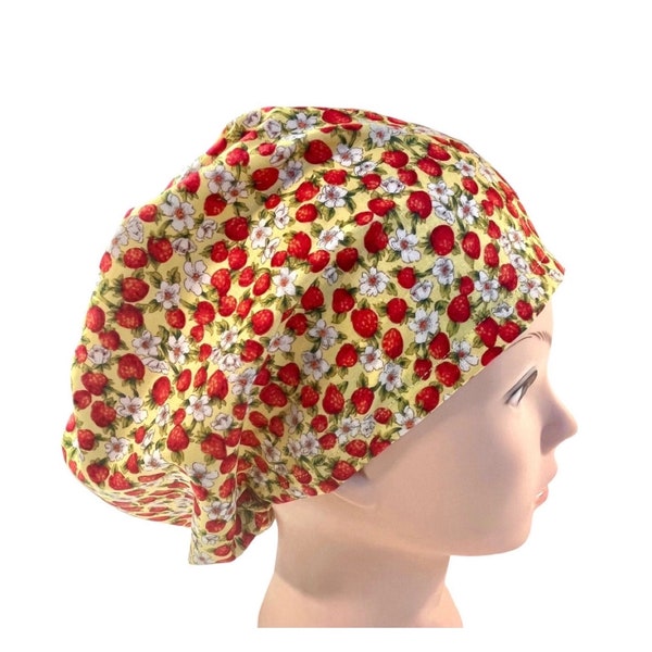 Scrub hat- strawberry patch | fruit print scrub cap | women’s euro style surgical hat with adjustable toggle | strawberries hat | nurse