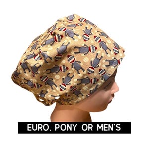 Sock Monkey Print Scrub Hat: Satin lined option. Euro with toggle, pony with ties or men’s styles