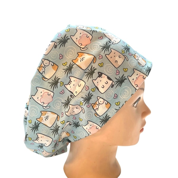 Cartoon cat scrub cap | satin lined option | cat outline scrub hat  | women’s euro style hat with adjustable toggle, ponytail, men’s style
