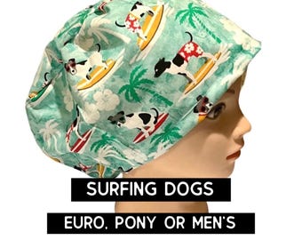 Surfing dogs scrub cap | dog scrub hat | euro style with adjustable toggle, euro-pony with ties, men’s style | satin lined option