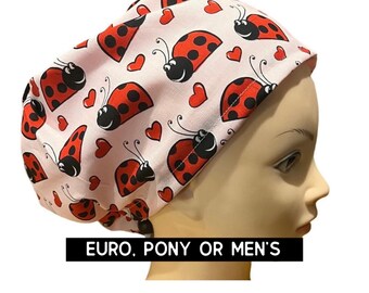 Lady bug Scrub hat | satin lined option | cute print scrub cap | medical hat | euro style with adjustable toggle, euro with pony ties, men’s