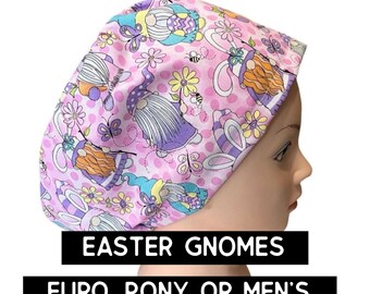 Easter Scrub hat | satin lined option | pink gnome with bunny ears scrub cap | euro style with adjustable toggle or men’s style