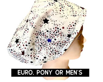Red, white and blue stars scrub hat | 4th of July | euro style with adjustable toggle, euro-pony with ties or men’s | satin lined option