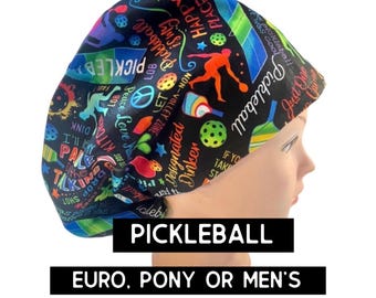 Pickleball print Scrub cap | satin lined option | cute scrub hat | euro with adjustable toggle, euro-pony with ties or men’s  | sports theme
