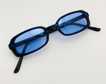 black sunglasses with blue lenses