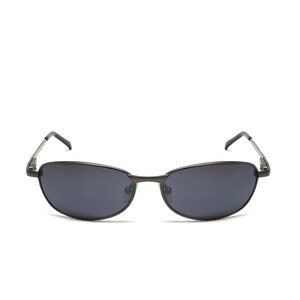 May include: Oval-shaped sunglasses with dark gray lenses and a thin, dark metal frame. The temples are also dark metal and attach to the lenses with a small hinge. The sunglasses are set against a white background.