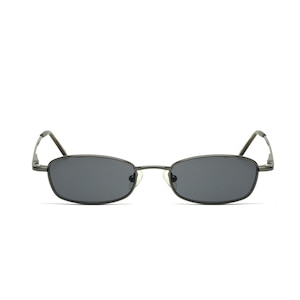 May include: Oval-shaped sunglasses featuring a thin, dark metallic frame and dark gray tinted lenses. The eyewear includes adjustable nose pads and slender temples that extend from the outer edges of the frames, providing a sleek and simple design.