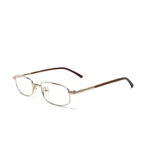 May include: Rectangular eyeglasses with a gold-colored metal frame and brown temples. The glasses have clear lenses and a classic, minimalist design. The temples are a dark brown color.