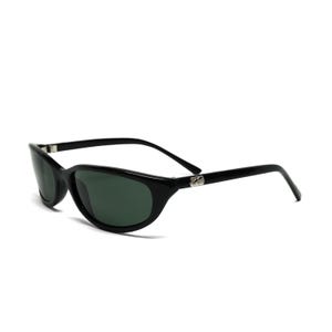 May include: Black sunglasses with dark green lenses. The sunglasses have a sleek, oval shape and a small silver accent on the temples. The frame is glossy and the arms are thin.