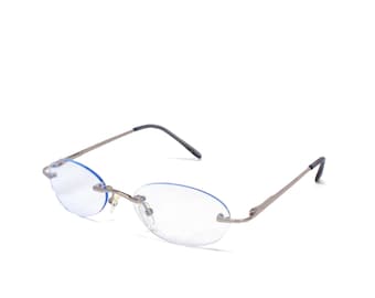May include: Silver-toned rimless glasses with blue tinted lenses. The glasses have a sleek, modern design.