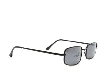 May include: Black square-shaped sunglasses with a thin metal frame.