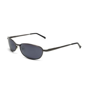 May include: Dark gray oval sunglasses with dark lenses. The sunglasses have a thin metal frame and black temples. The lenses are a dark gray color, and the sunglasses are set against a white background.
