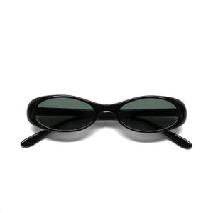 Authentic Vintage 90s Made Small Size Narrow Oval Deadstock Black Frame Sunglasses