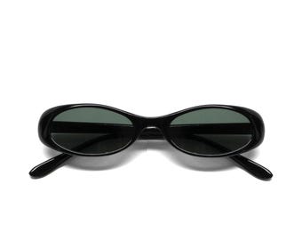 Authentic Vintage 90s Made Small Size Narrow Oval Deadstock Black Frame Sunglasses