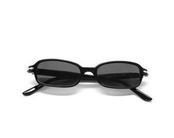 Authentiques lunettes de soleil rectangulaires noires vintage des années 90 de petite taille Deadstock