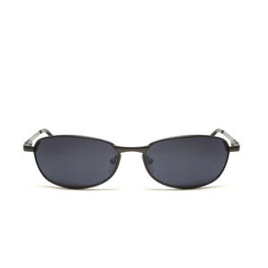 May include: Black oval sunglasses with dark lenses. The sunglasses have a thin, black metal frame and a classic, minimalist design. The lenses are a dark, solid color, providing a sleek and stylish look.