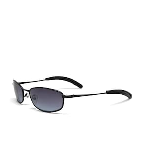 May include: Black sunglasses with a rectangular frame and gradient lenses. The sunglasses have a sleek, modern design with black arms and ear pieces. The lenses transition from dark to light blue.