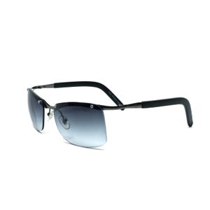 May include: Black sunglasses with a rimless frame and gradient gray lenses.