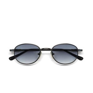 Occhiali da sole vintage autentici anni &#39;90 con montatura rettangolare nera e lenti grigie