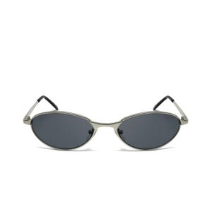 May include: Oval-shaped sunglasses with a silver metal frame and dark gray lenses. The sunglasses have a sleek, minimalist design with thin temples and a classic, retro aesthetic. A stylish accessory for eye protection.