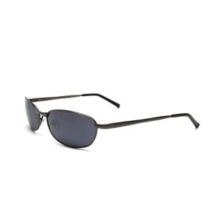 May include: Dark gray sunglasses with oval lenses and a thin metal frame. The temples are straight with black tips. The sunglasses are set against a white background.