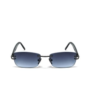 May include: Rimless sunglasses with a gradient blue tint. The frames are black with a thin metal bridge and temples. The lenses are rectangular and have a subtle fade from dark to light blue.