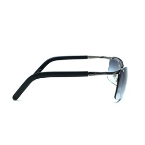 May include: Black sunglasses with a dark gray gradient lens and black plastic arms. The sunglasses have a sleek, modern design.