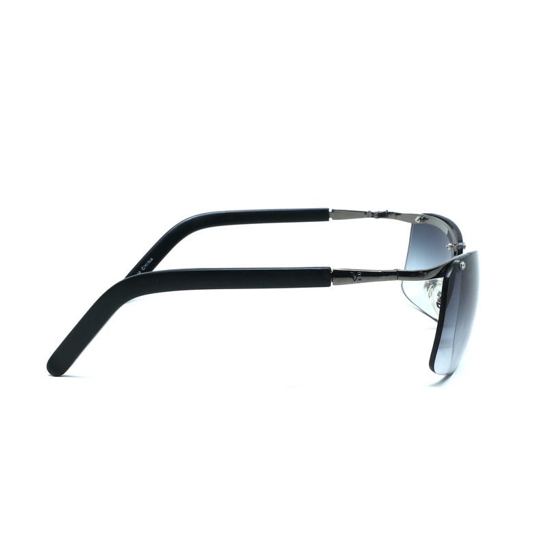 May include: Black sunglasses with a dark gray gradient lens and black plastic arms. The sunglasses have a sleek, modern design.
