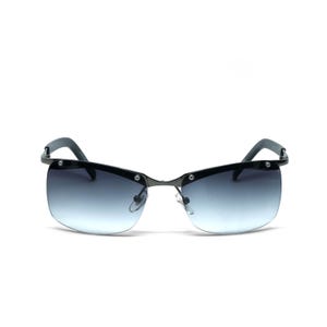 May include: Black sunglasses with a rimless design and gradient blue lenses.
