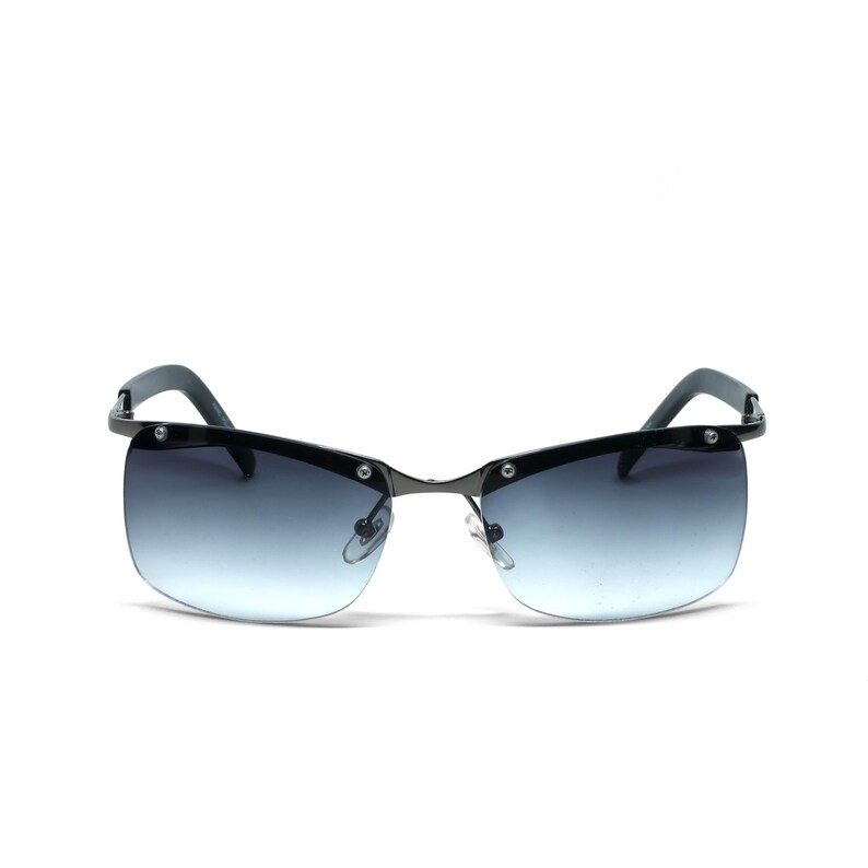 May include: Black sunglasses with a rimless design and gradient blue lenses.