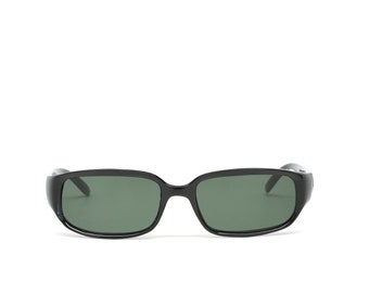 May include: Black rectangular sunglasses with green lenses.