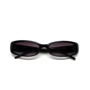 May include: Black oval sunglasses with a dark grey lens. The sunglasses have a black frame and the text "POLISHED FRAMES" is printed on the right lens.